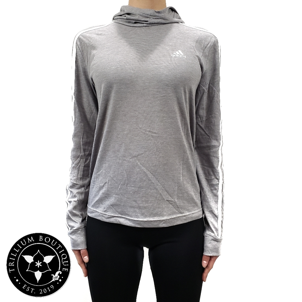 Adidas Climalite Women's Jersey Hoodie Light Gray Adidas Iconic Stripes & Logo - Picture 2 of 6